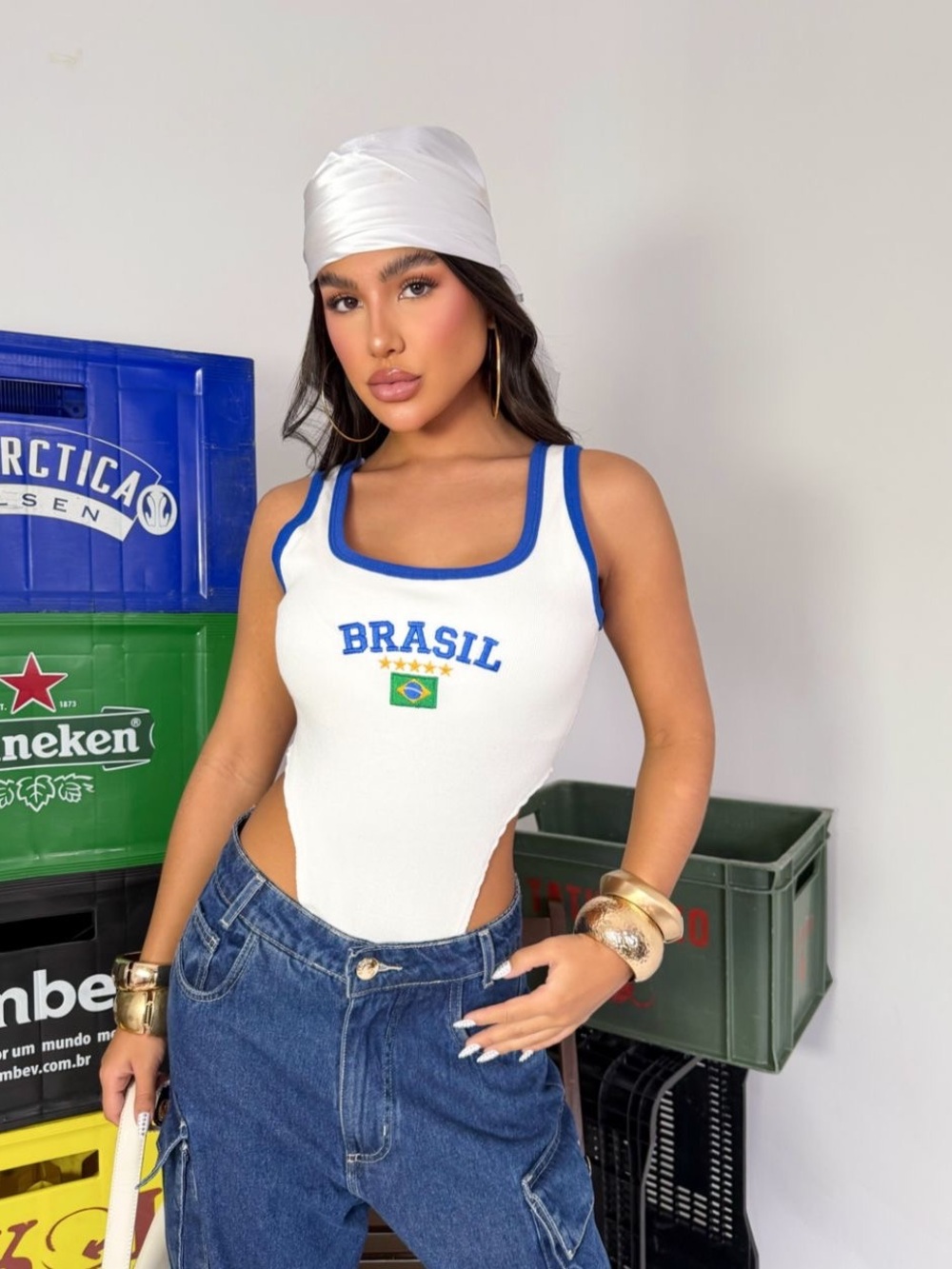 Brasil White Bodysuit with Blue Trim